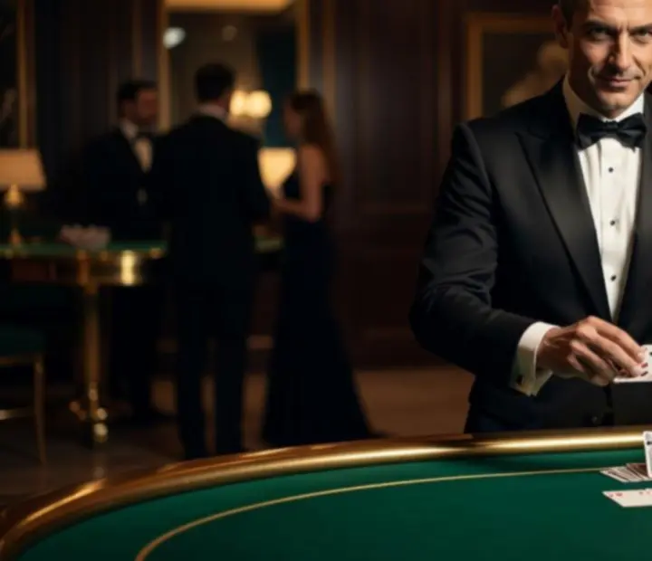 Elegáns croupier emerald zöld pókerasztal mellett egy privát póker gálaesten