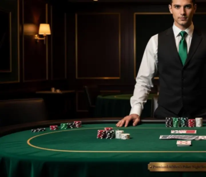 Professzionális croupier elegáns zöld posztóval borított pókerasztalnál