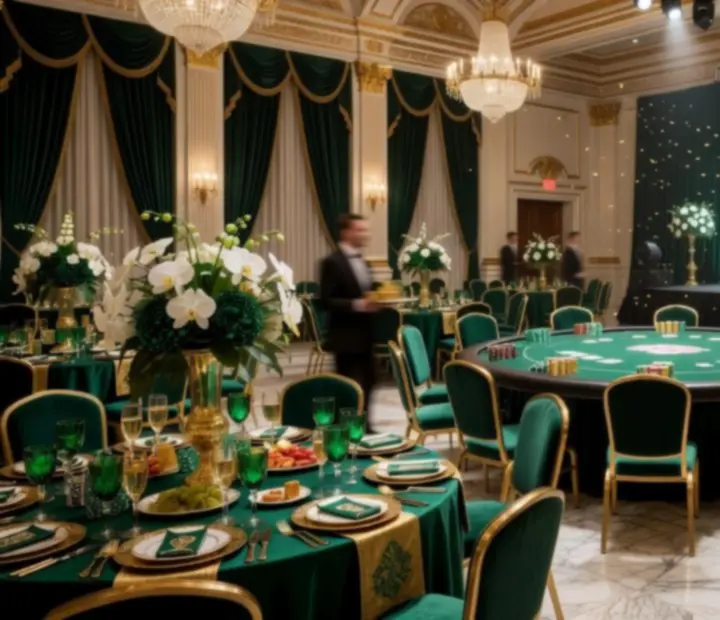 Luxus gálaterem, díszített asztalok és póker tematikájú lounge zóna