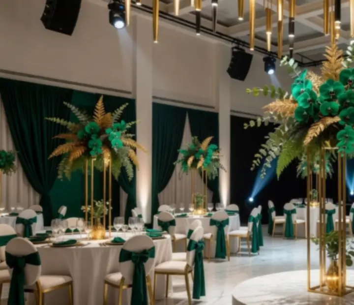 Rendezvényterem emerald zöld fényekkel, arany dekorral és terítékkel