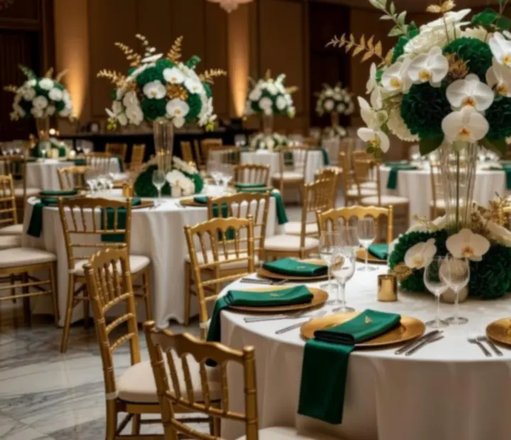 Elegánsan megvilágított gála terem emerald és arany díszítéssel, körasztalokkal és ünnepélyes terítékkel