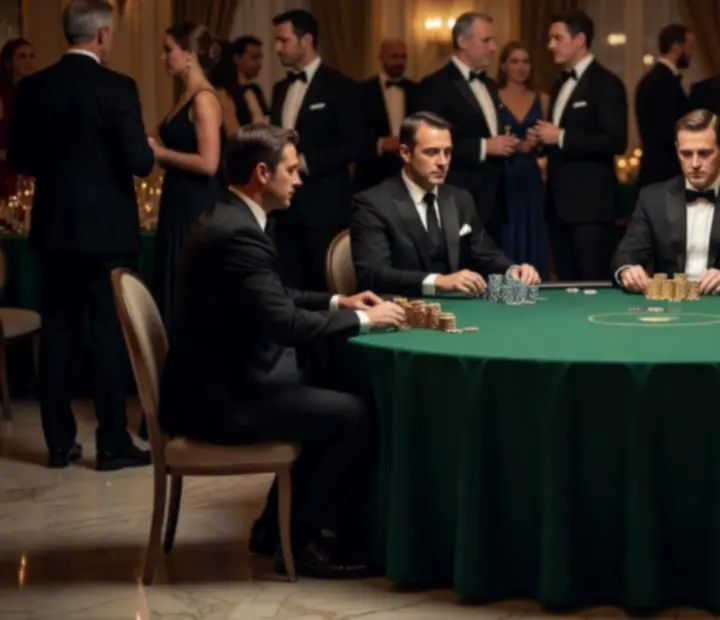 Professzionális pókerasztal zsetonokkal és croupier-rel egy elegáns teremben
