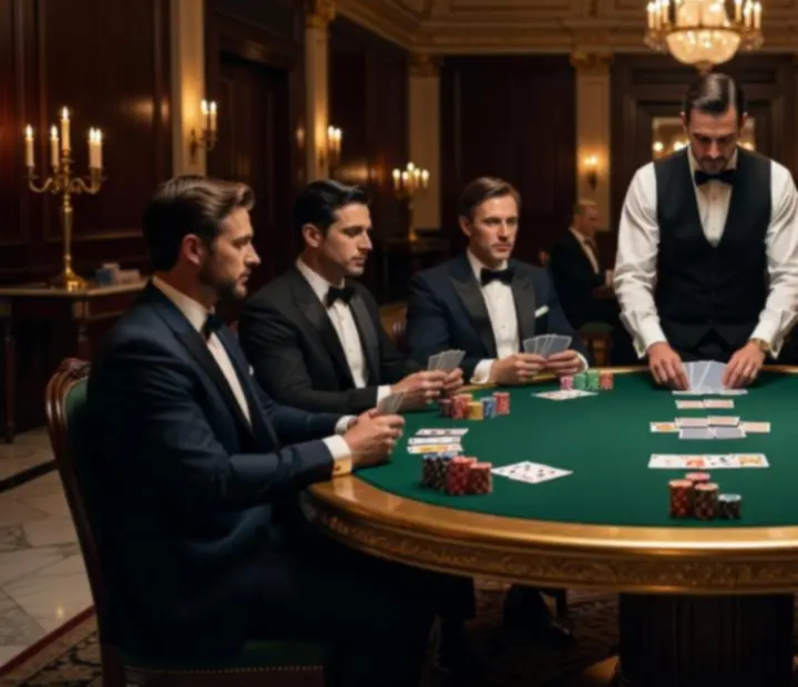 Professzionális pókerasztal emerald zöld posztóval, zsetonokkal és elegáns öltönyös vendégekkel