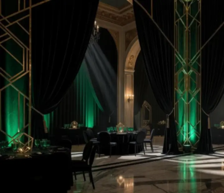 Klasszikus rendezvényhelyszín emerald, arany és obsidian díszítéssel átalakítva, gálaenteriőrként